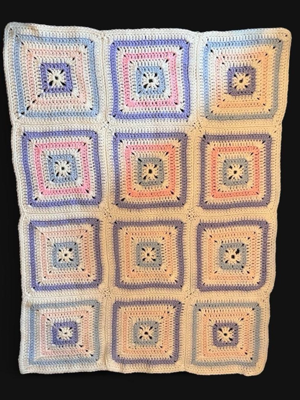 Handmade Crochet Granny Square Throw Blanket - White, Pink, Purple & Blue 41x32